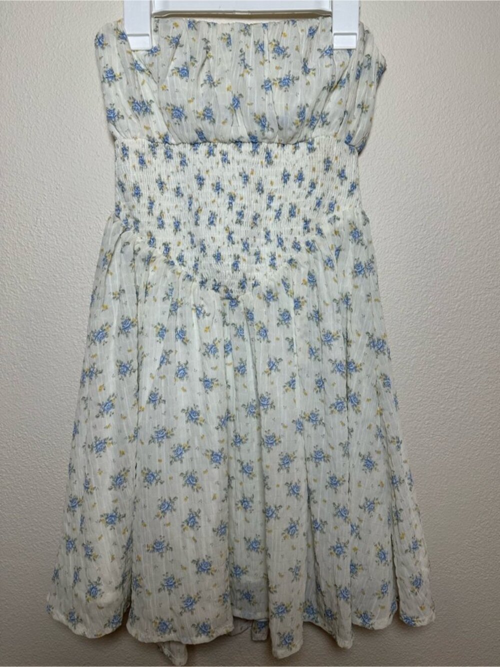 Cream Floral Strapless Smocked Dress with Blue Accents